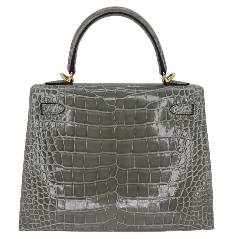 Herm�s 25cm Kelly Sellier Gris Cement Shiny Alligator Gold Hardware