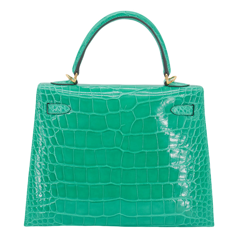 Herm�s 25cm Kelly Sellier Vert Jade Shiny Alligator Gold Hardware