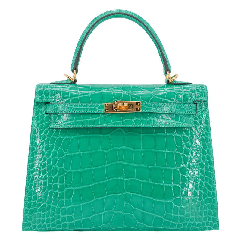 Herm�s 25cm Kelly Sellier Vert Jade Shiny Alligator Gold Hardware