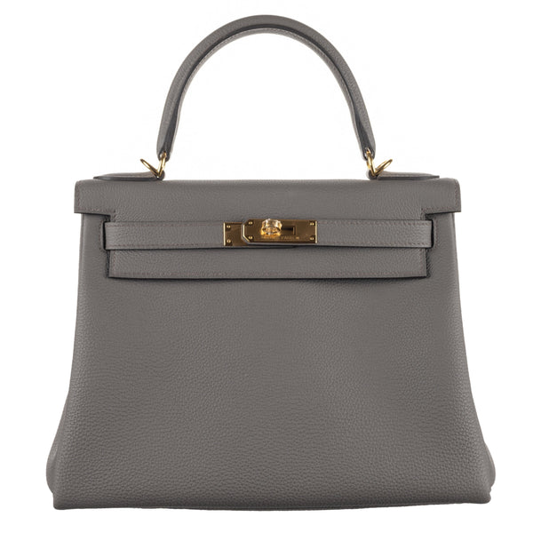 Herm�s 28cm Kelly Retourne Gris Etain Togo Leather Gold Hardware