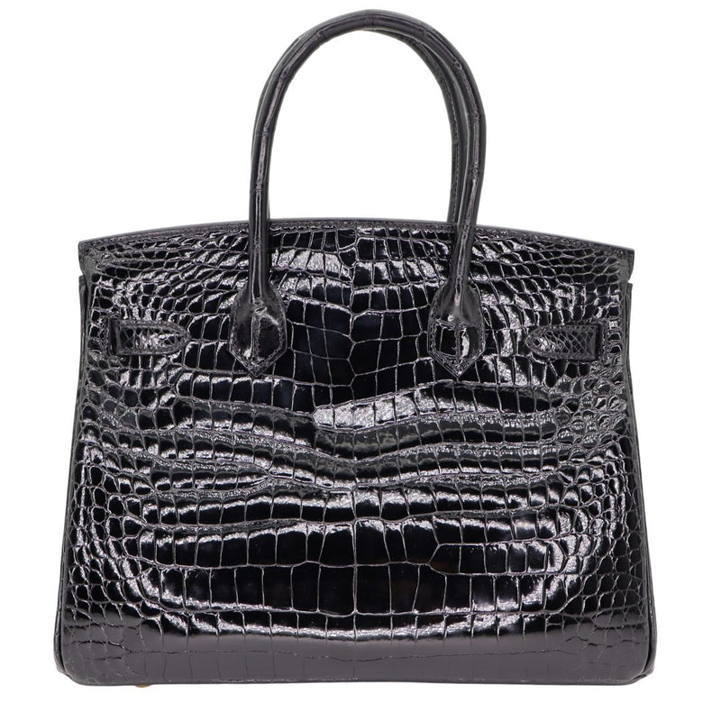 Herm�s 30cm Birkin Black Shiny Crocodile Porosus Gold Hardware
