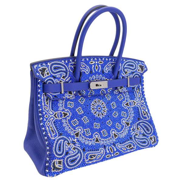 Herm�s 30cm Birkin Customized Blue Bandana Swarovski Crystal Palladium Hardware