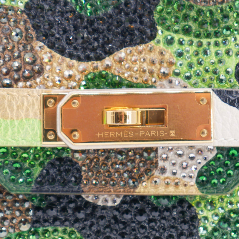 Herm�s 30cm Birkin Customized Green Camouflage Swarovski Crystal Gold Hardware
