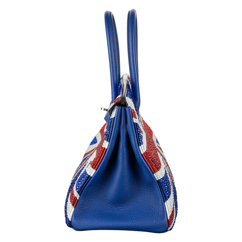 Herm�s 30cm Birkin Customized Union Jack Swarovski Crystal Palladium Hardware