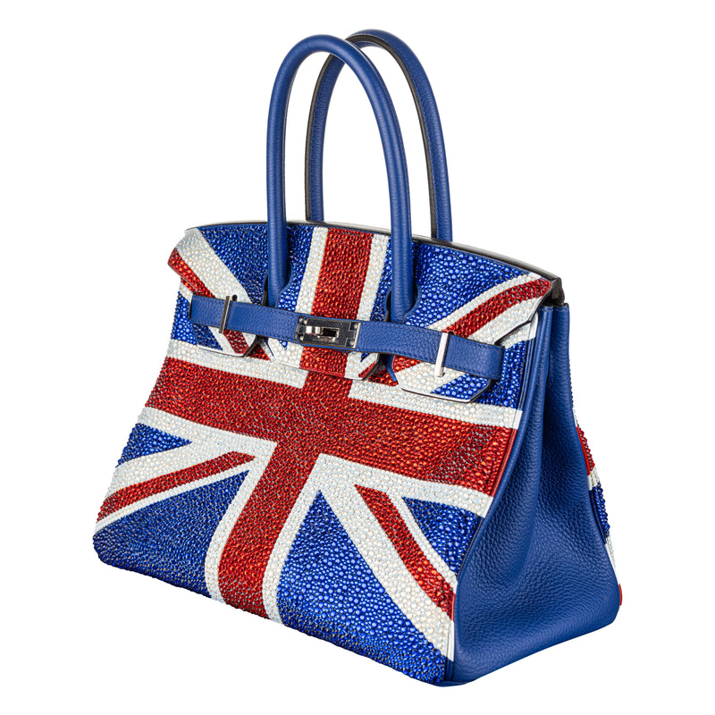 Herm�s 30cm Birkin Customized Union Jack Swarovski Crystal Palladium Hardware