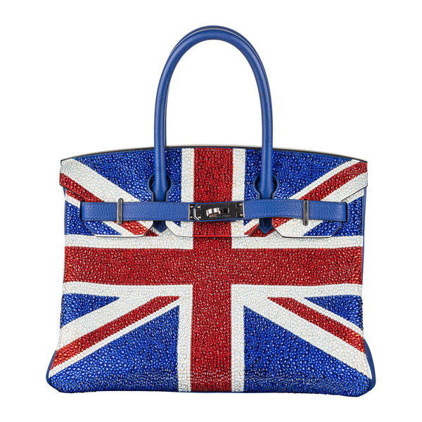 Herm�s 30cm Birkin Customized Union Jack Swarovski Crystal Palladium Hardware