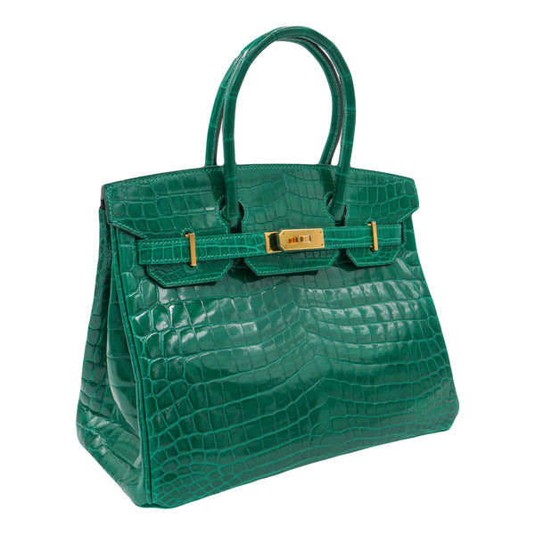 Herm�s 30cm Birkin Emerald Shiny Niloticus Gold Hardware