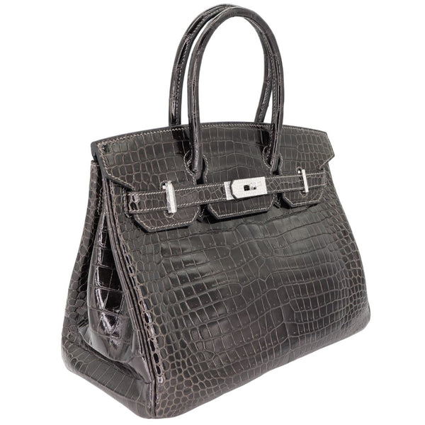 Herm�s 30cm Birkin Graphite Shiny Porosus Crocodile White Gold Diamond Hardware