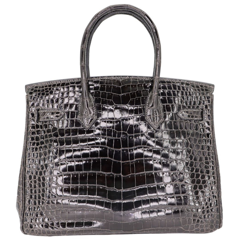 Herm�s 30cm Birkin Graphite Shiny Porosus Crocodile White Gold Diamond Hardware