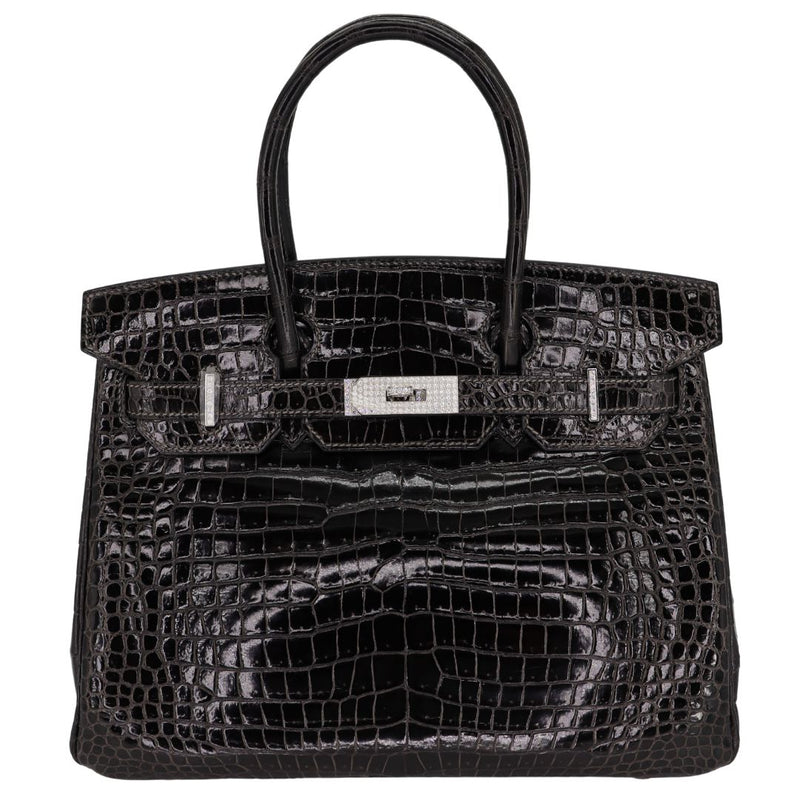 Herm�s 30cm Birkin Graphite Shiny Porosus Crocodile White Gold Diamond Hardware