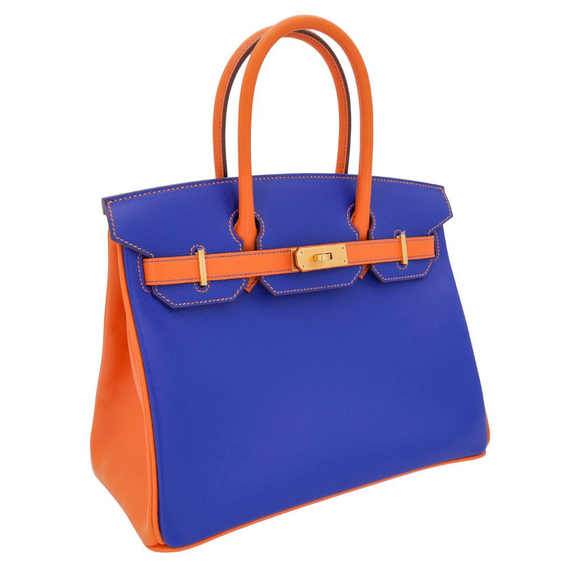 Herm�s 30cm Birkin HSS Bleu Electrique/Orange Epsom Brushed Gold Hardware