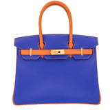 Herm�s 30cm Birkin HSS Bleu Electrique/Orange Epsom Brushed Gold Hardware