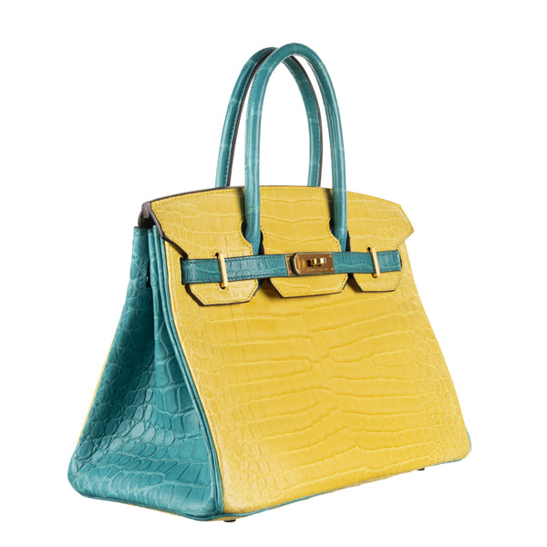 Herm�s 30cm Birkin HSS Mimosa/Bleu Paon Matte Porosus Crocodile Brushed Gold Hardware