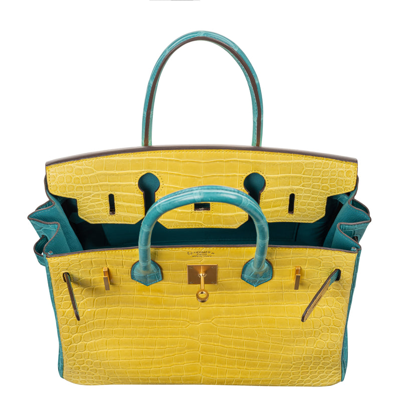 Herm�s 30cm Birkin HSS Mimosa/Bleu Paon Matte Porosus Crocodile Brushed Gold Hardware