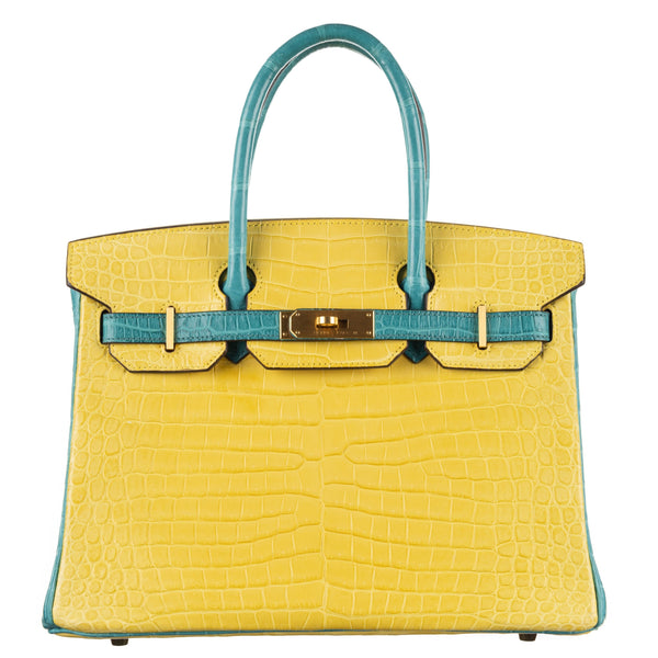 Herm�s 30cm Birkin HSS Mimosa/Bleu Paon Matte Porosus Crocodile Brushed Gold Hardware