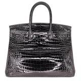 Herm�s 35cm Birkin Black Shiny Porosus Crocodile White Gold Diamond Hardware