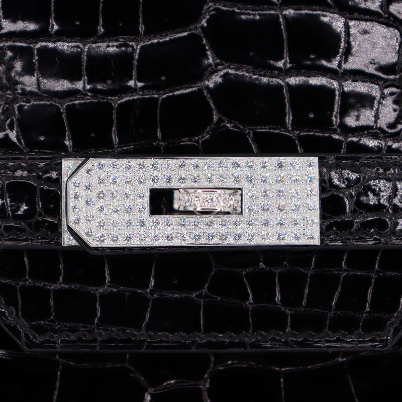 Herm�s 35cm Birkin Black Shiny Porosus Crocodile White Gold Diamond Hardware