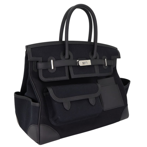 Herm�s 35cm Birkin Cargo Black Canvas Swift Leather Palladium Hardware