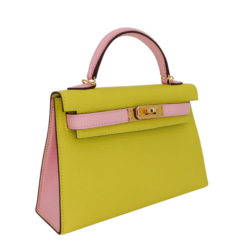 Herm�s Kelly Mini II HSS Jaune Citron/Rose Sakura Ch√®vre Leather Rose Gold Hardware